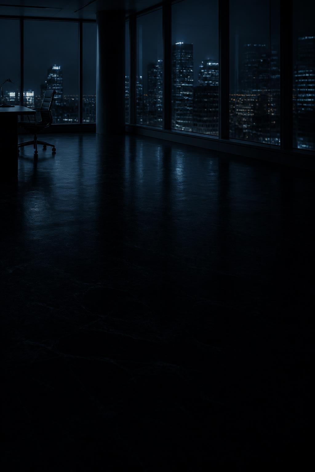 High-rise office at night overlooking the city