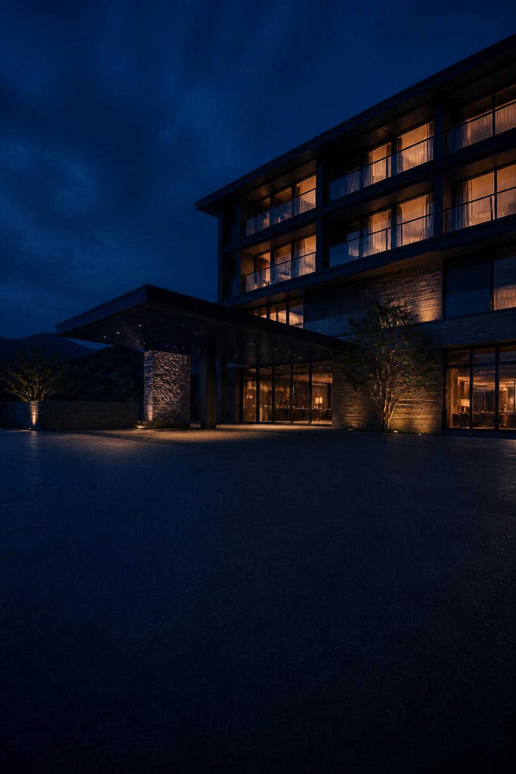 Modern hotel exterior at blue hour