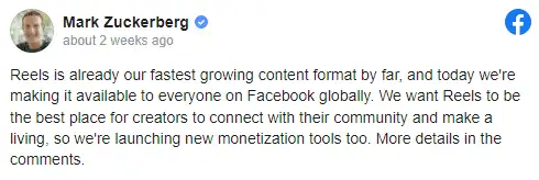 Image showing a Facebook post from Founder Mark Zuckerberg about how they are adding to and changing reels for content creators