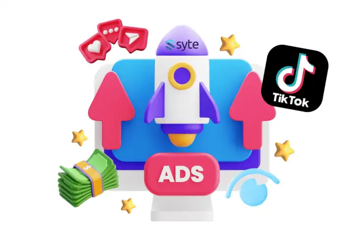 3D illustration showing a rocket launching from a computer screen with the TikTok logo and an ADS button, representing TikTok advertising costs in South Africa