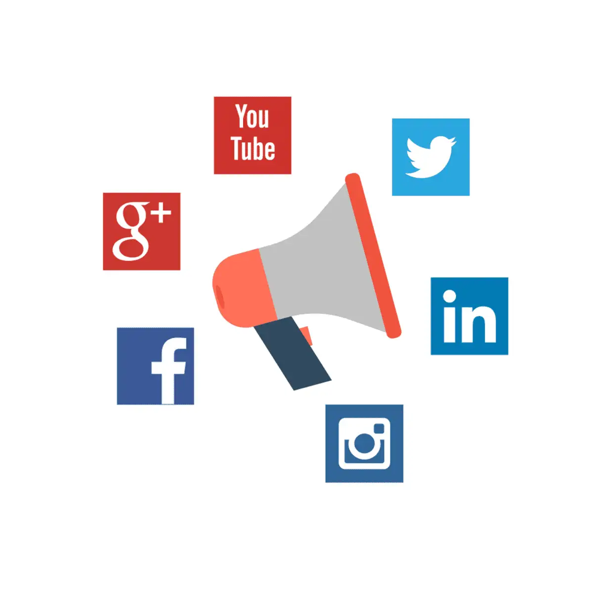 Social Media Tactics for Ecommerce in 2022 2 Megaphone surrounded by icons of digital platforms for businesses, including Facebook, Twitter, YouTube, LinkedIn, Google Plus, and Instagram