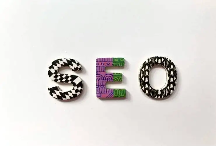 Decorative letters with patterned designs spelling out SEO on a white background.