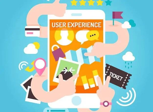 The image is an illustration depicting the concept of user experience (UX) design. It features two hands interacting with various digital elements on a large tablet or screen. The screen is filled with different icons, buttons, and interface elements, representing the process of designing a user-friendly digital experience. The hands appear to be arranging or manipulating these elements, highlighting the interactive nature of UX design. The overall color scheme is bright and engaging, with a mix of blues, greens, and yellows, giving the image a modern and tech-savvy feel. The illustration effectively conveys the idea of crafting intuitive and effective user interfaces for digital products.