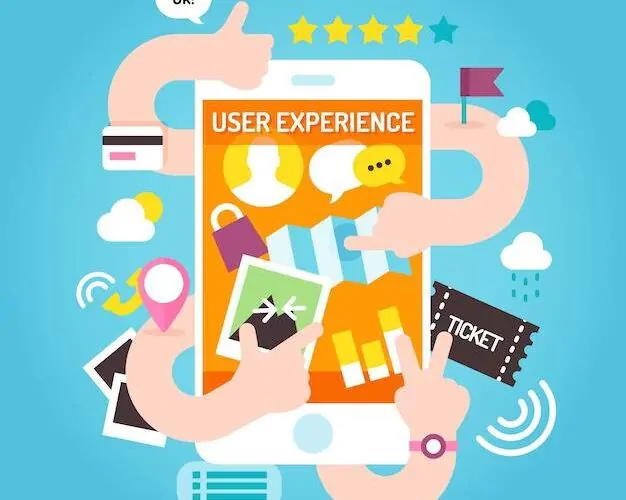 The image is an illustration depicting the concept of user experience (UX) design. It features two hands interacting with various digital elements on a large tablet or screen. The screen is filled with different icons, buttons, and interface elements, representing the process of designing a user-friendly digital experience. The hands appear to be arranging or manipulating these elements, highlighting the interactive nature of UX design. The overall color scheme is bright and engaging, with a mix of blues, greens, and yellows, giving the image a modern and tech-savvy feel. The illustration effectively conveys the idea of crafting intuitive and effective user interfaces for digital products.