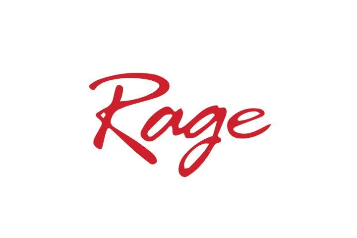 a red text on a white background, Rage Logo