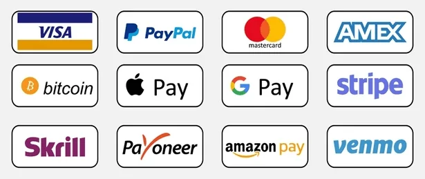 The image showcases a set of various payment system icons displayed in a simple, vector format. The icons represent different payment methods, including credit cards, mobile payments, and digital wallets. Each icon is distinct, with clean lines and clear symbols that make it easy to identify the type of payment method it represents. The design is modern and minimalistic, using a neutral colour palette that keeps the focus on the icons themselves. The layout is organized and evenly spaced, making it visually appealing and easy to understand at a glance. This image is ideal for illustrating concepts related to online payments, financial technology, or e-commerce transactions.