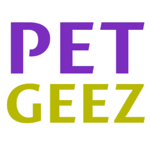 a purple and yellow text on a black background, PetGeez Logo