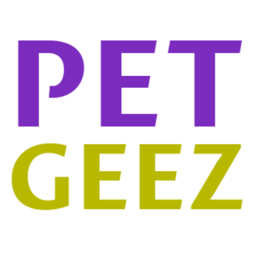 a purple and yellow text on a black background, PetGeez Logo