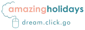 Amazing Holidays Logo a black background with blue and pink text for Amazing Holidays