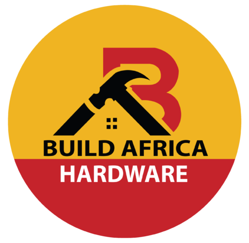 a yellow and red circle with a hammer and a black text, logo for Build Africa Hardware