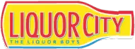 a yellow oval with red letters, Liquor City Logo