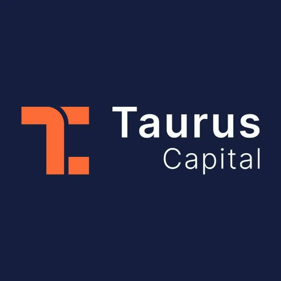 Taurus Capital Logo, blue background with white and orange text