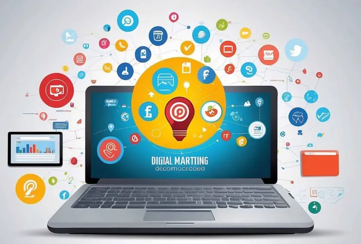 Top digital marketing channels showcased on a laptop: SEO, social media, PPC, and more to boost business success.