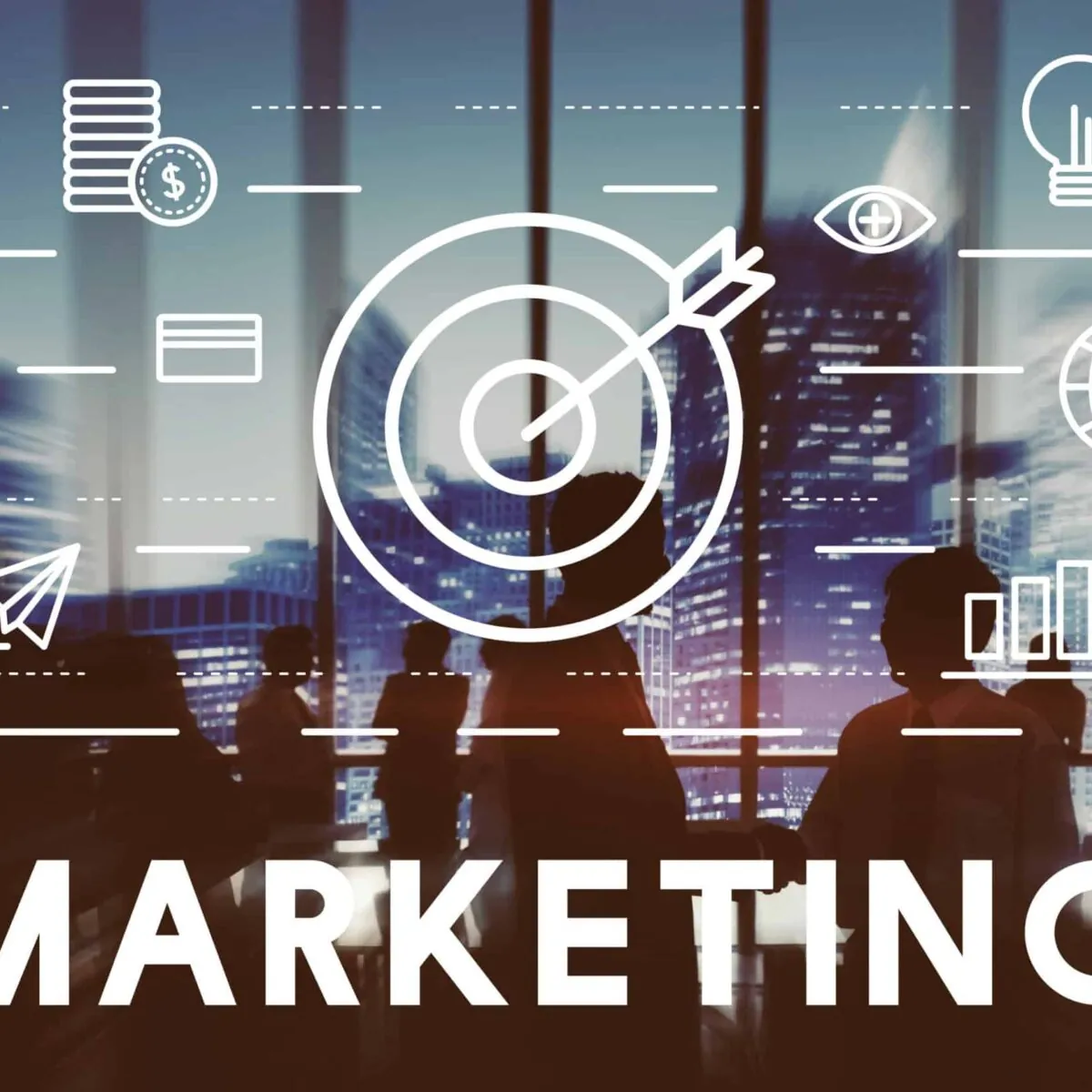 Marketing concept blending traditional and digital marketing strategies with symbols of analytics, target, and global reach.