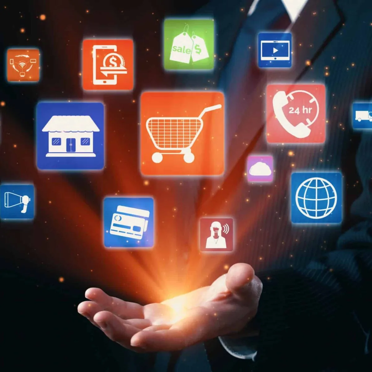 A business professional with icons representing omnichannel marketing, including online store, shopping cart, customer service, and more, floating above their hand.