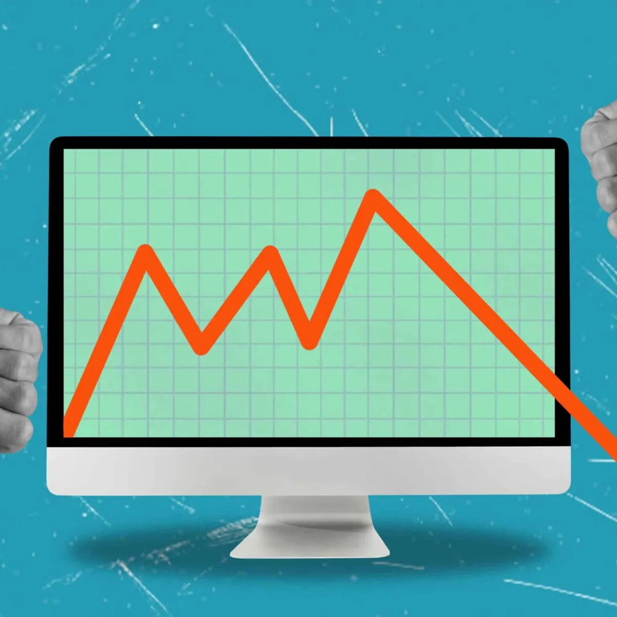 A computer screen showing a fluctuating graph with a downward trend, flanked by two thumbs down, symbolizing bad GA4 tracking costs.