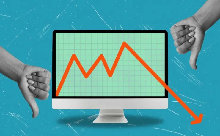 A computer screen showing a fluctuating graph with a downward trend, flanked by two thumbs down, symbolizing bad GA4 tracking costs.