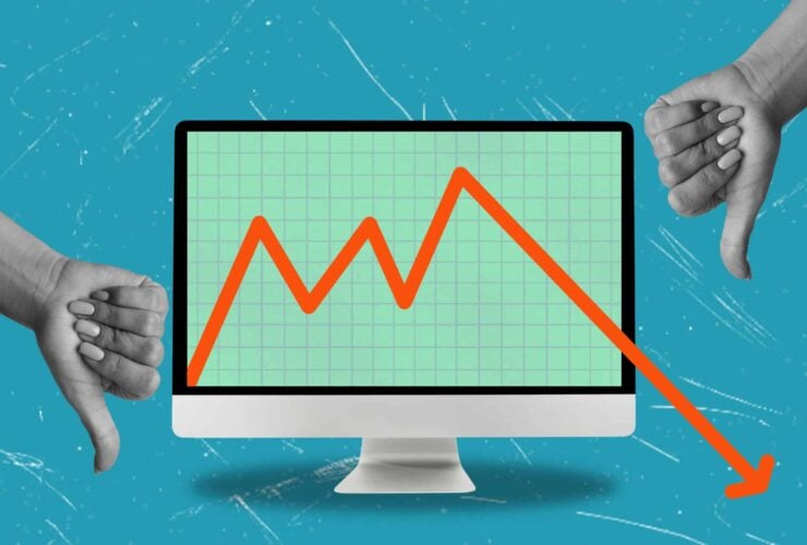 A computer screen showing a fluctuating graph with a downward trend, flanked by two thumbs down, symbolizing bad GA4 tracking costs.