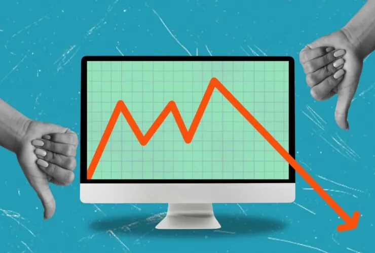 A computer screen showing a fluctuating graph with a downward trend, flanked by two thumbs down, symbolizing bad GA4 tracking costs.